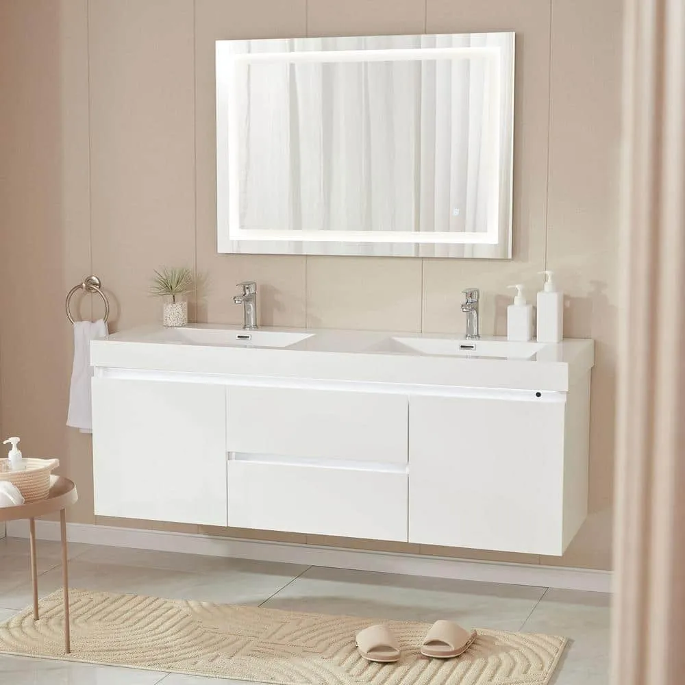 Vanity Art Annecy 60 in. W x 18.5 in. D x 20 in. H Bathroom Wall Hung LED Vanity in White w/ Double Basin Vanity Top in White Resin, photo 3 of 13