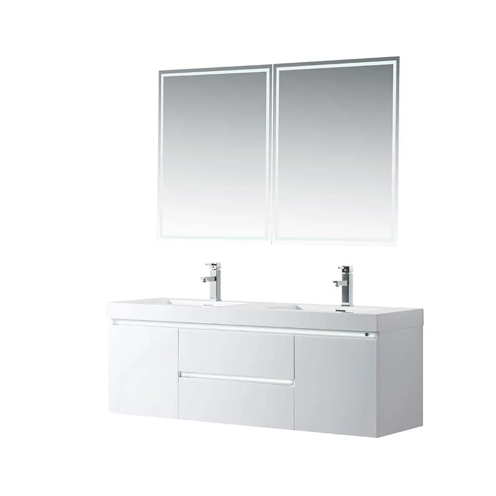 Vanity Art Annecy 60 in. W x 18.5 in. D x 20 in. H Bathroom Wall Hung LED Vanity in White w/ Double Basin Vanity Top in White Resin, photo 10 of 13