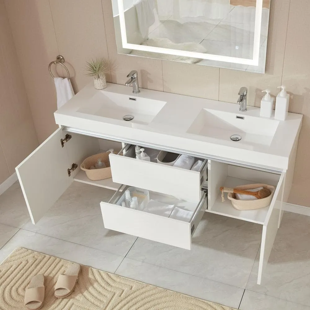 Vanity Art Annecy 60 in. W x 18.5 in. D x 20 in. H Bathroom Wall Hung LED Vanity in White w/ Double Basin Vanity Top in White Resin, photo 8 of 13