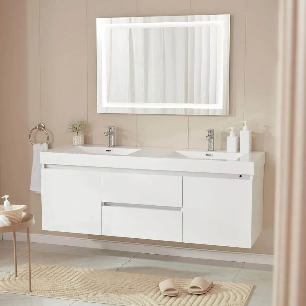 Vanity Art Annecy 60 in. W x 18.5 in. D x 20 in. H Bathroom Wall Hung LED Vanity in White w/ Double Basin Vanity Top in White Resin, photo 6 of 13