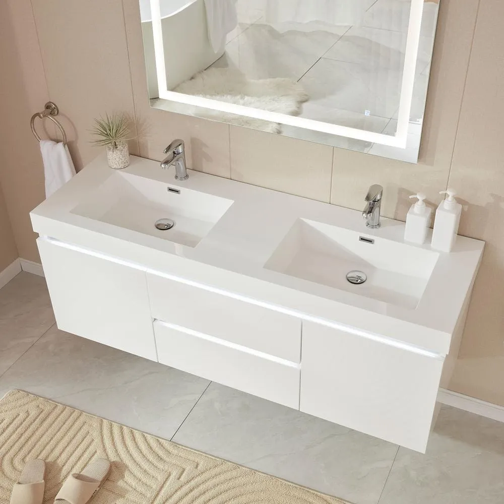 Vanity Art Annecy 60 in. W x 18.5 in. D x 20 in. H Bathroom Wall Hung LED Vanity in White w/ Double Basin Vanity Top in White Resin, photo 4 of 13