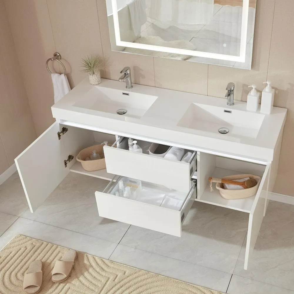 Vanity Art Annecy 60 in. W x 18.5 in. D x 20 in. H Bathroom Wall Hung LED Vanity in White w/ Double Basin Vanity Top in White Resin, photo 7 of 13