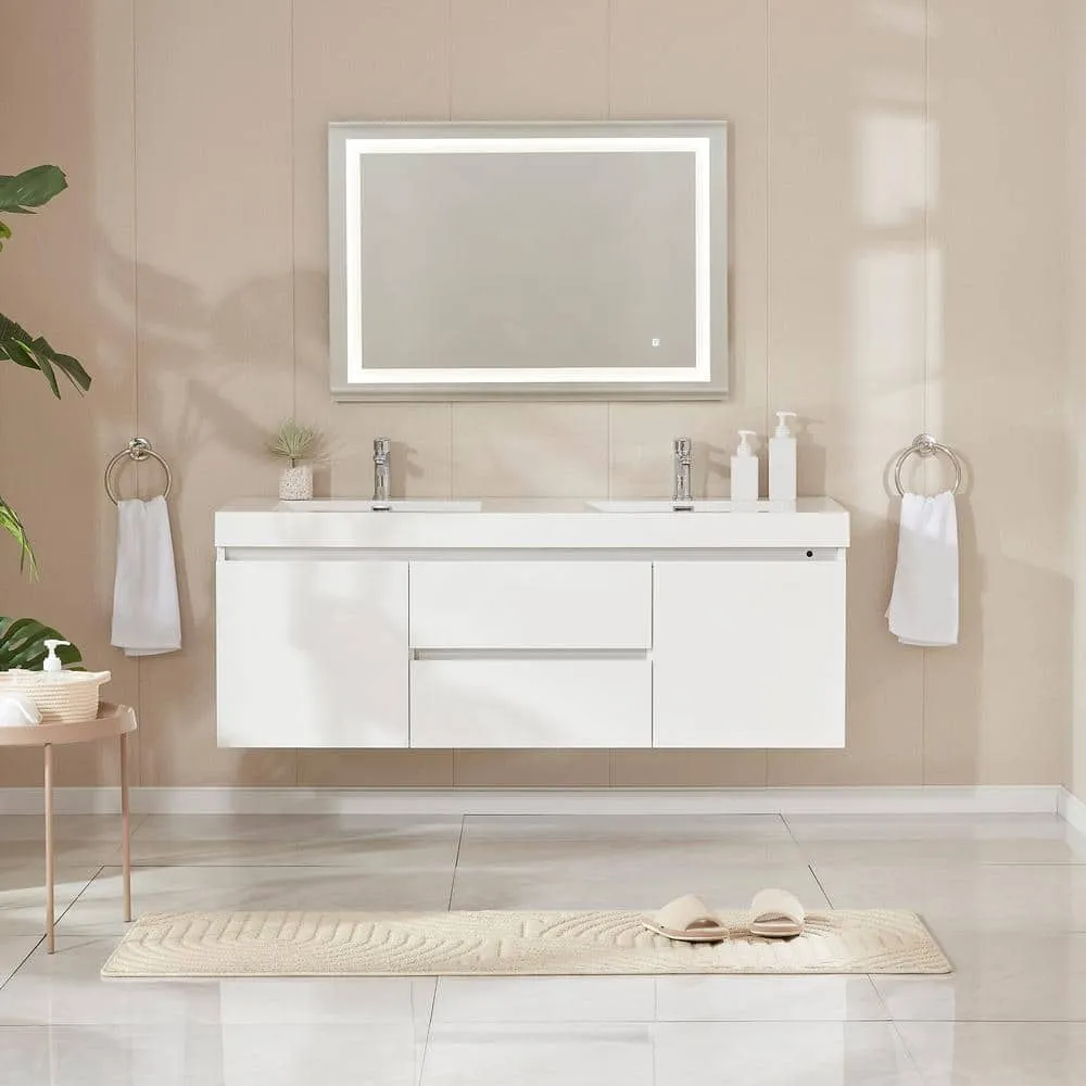 Vanity Art Annecy 60 in. W x 18.5 in. D x 20 in. H Bathroom Wall Hung LED Vanity in White w/ Double Basin Vanity Top in White Resin, photo 2 of 13