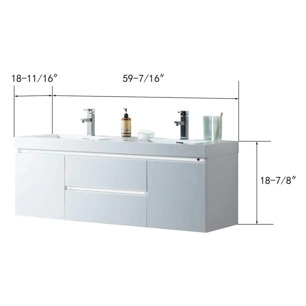 Vanity Art Annecy 60 in. W x 18.5 in. D x 20 in. H Bathroom Wall Hung LED Vanity in White w/ Double Basin Vanity Top in White Resin, photo 11 of 13