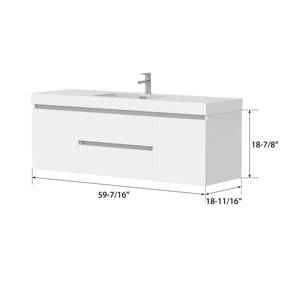 Vanity Art Annecy 60 in. W x 18.5 in. D x 20 in. H Bathroom Wall Hung Vanity in White with Single Basin Vanity Top in White Resin, photo 7 of 8