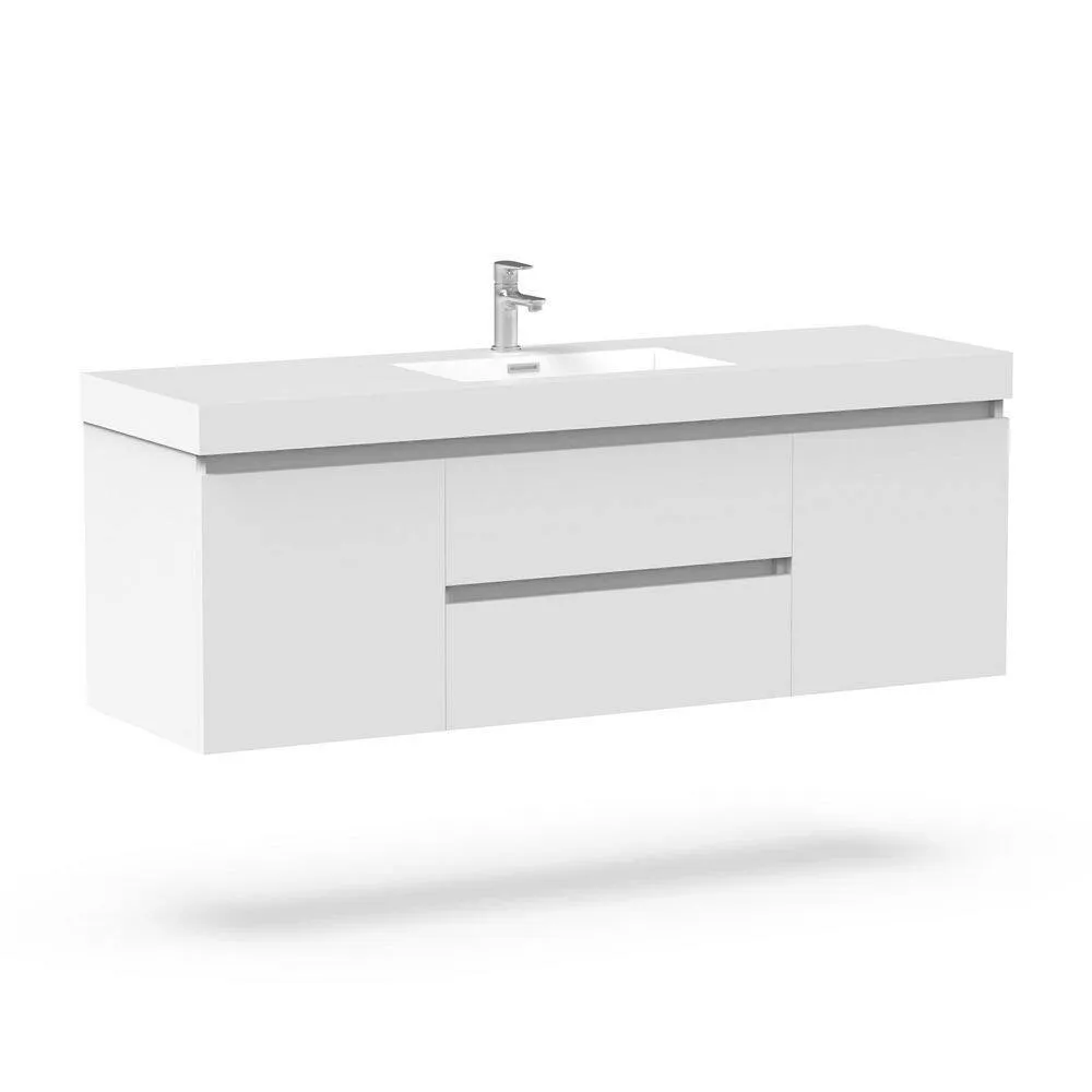 Vanity Art Annecy 60 in. W x 18.5 in. D x 20 in. H Bathroom Wall Hung Vanity in White with Single Basin Vanity Top in White Resin, photo 6 of 8