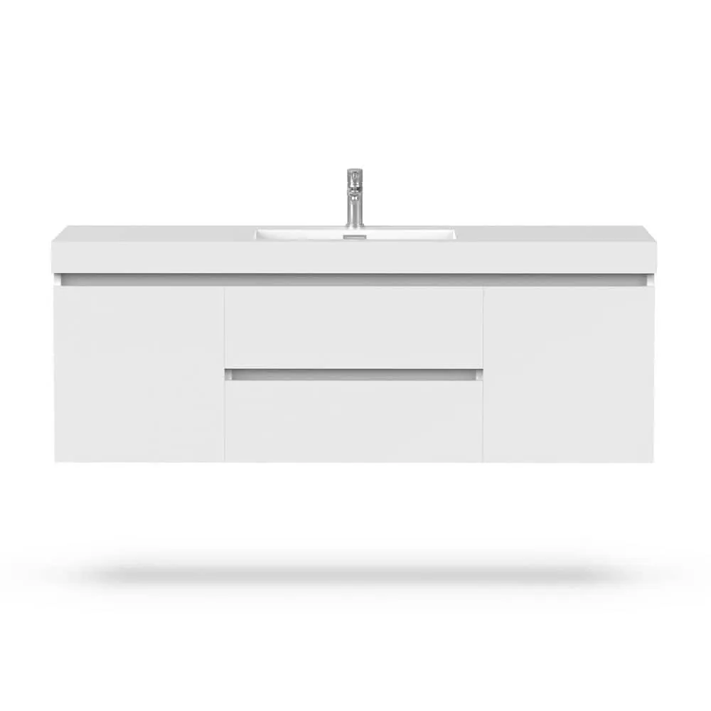 Vanity Art Annecy 60 in. W x 18.5 in. D x 20 in. H Bathroom Wall Hung Vanity in White with Single Basin Vanity Top in White Resin, photo 5 of 8