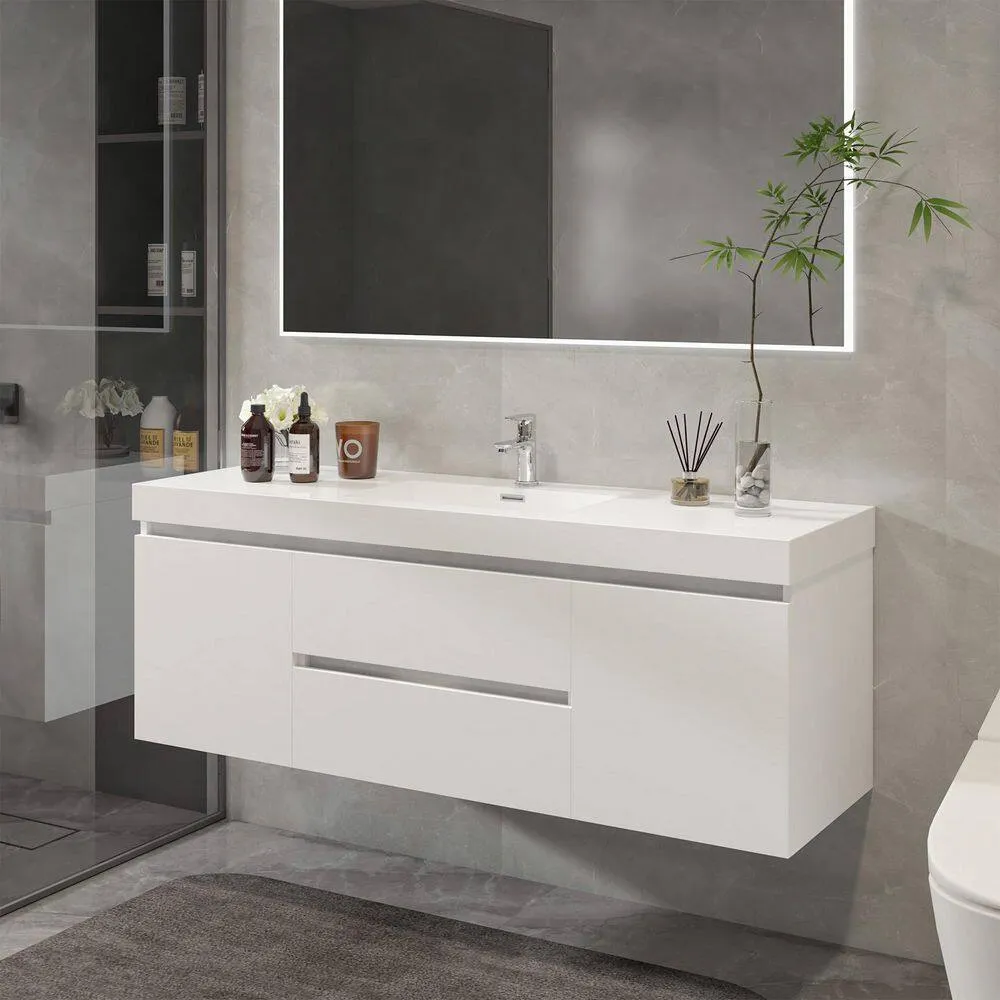 Vanity Art Annecy 60 in. W x 18.5 in. D x 20 in. H Bathroom Wall Hung Vanity in White with Single Basin Vanity Top in White Resin, photo 2 of 8