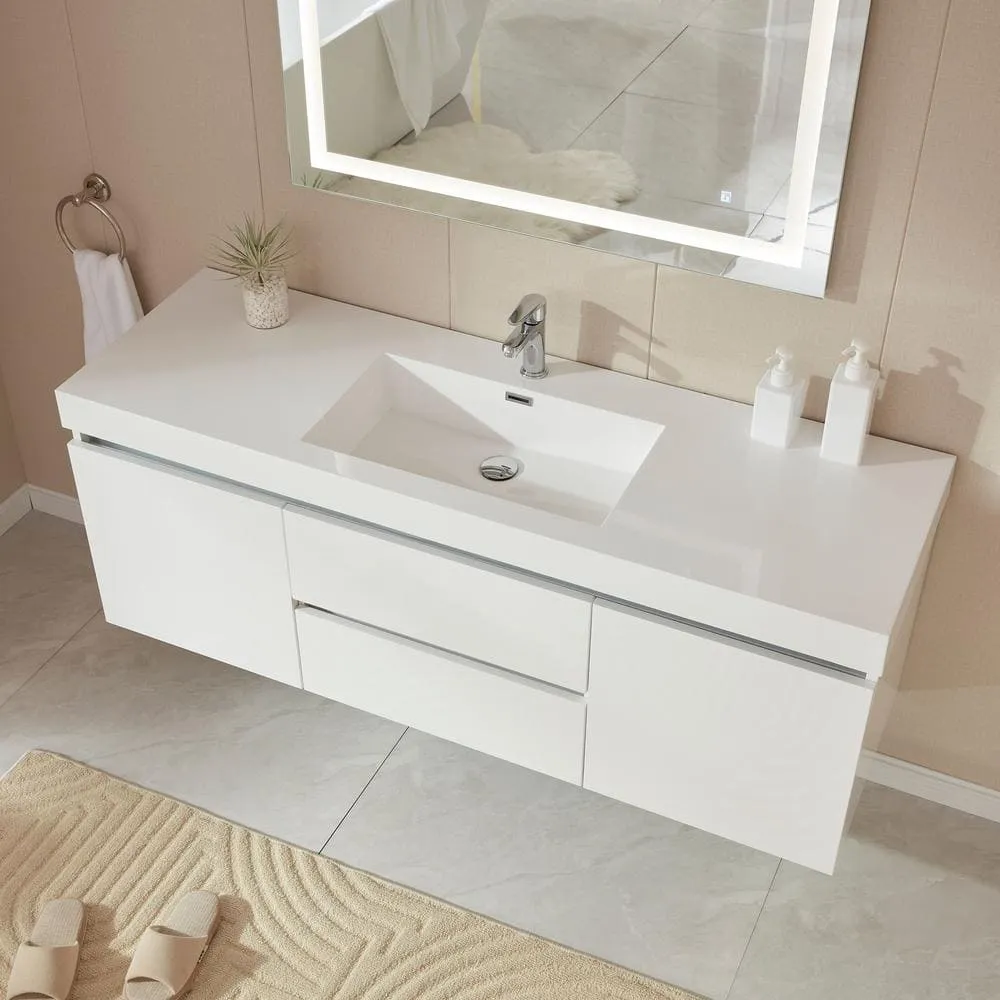 Vanity Art Annecy 60 in. W x 18.5 in. D x 20 in. H Bathroom Wall Hung LED Vanity in White w/ Single Basin Vanity Top in White Resin, photo 5 of 13