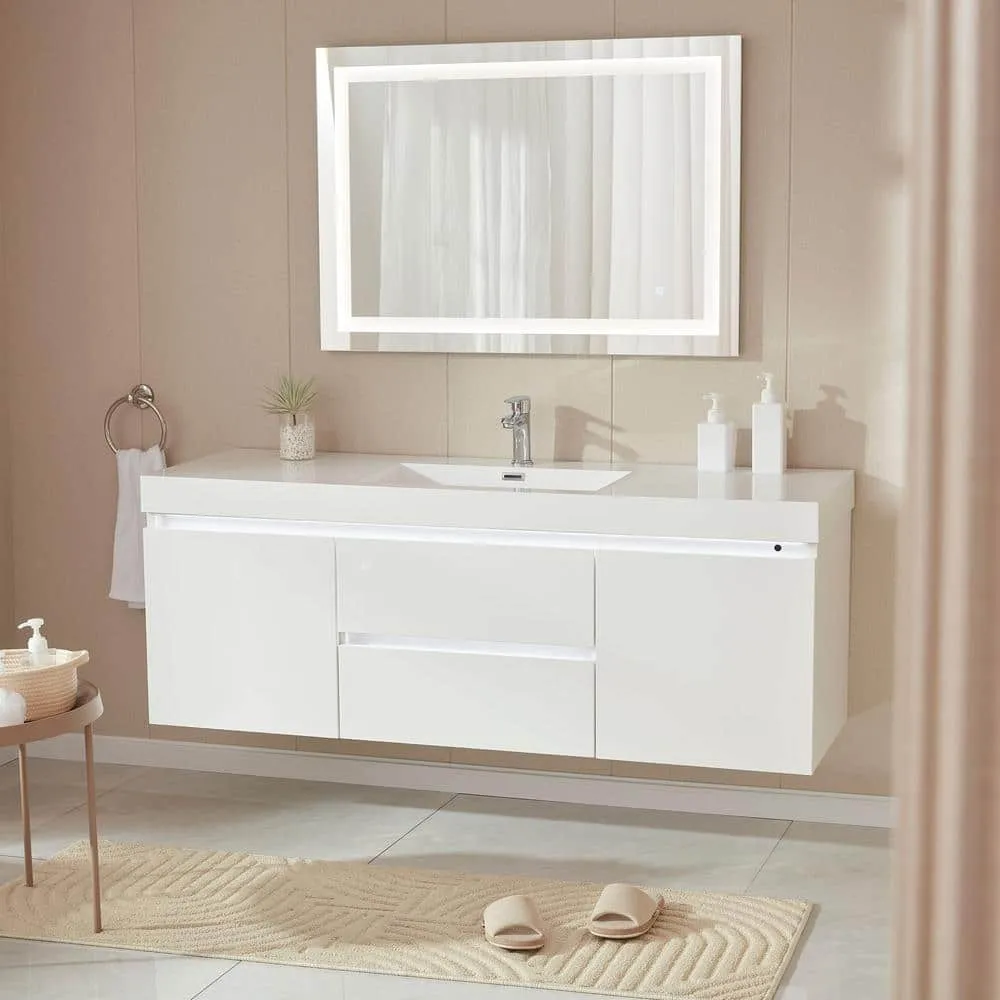 Vanity Art Annecy 60 in. W x 18.5 in. D x 20 in. H Bathroom Wall Hung LED Vanity in White w/ Single Basin Vanity Top in White Resin, photo 3 of 13