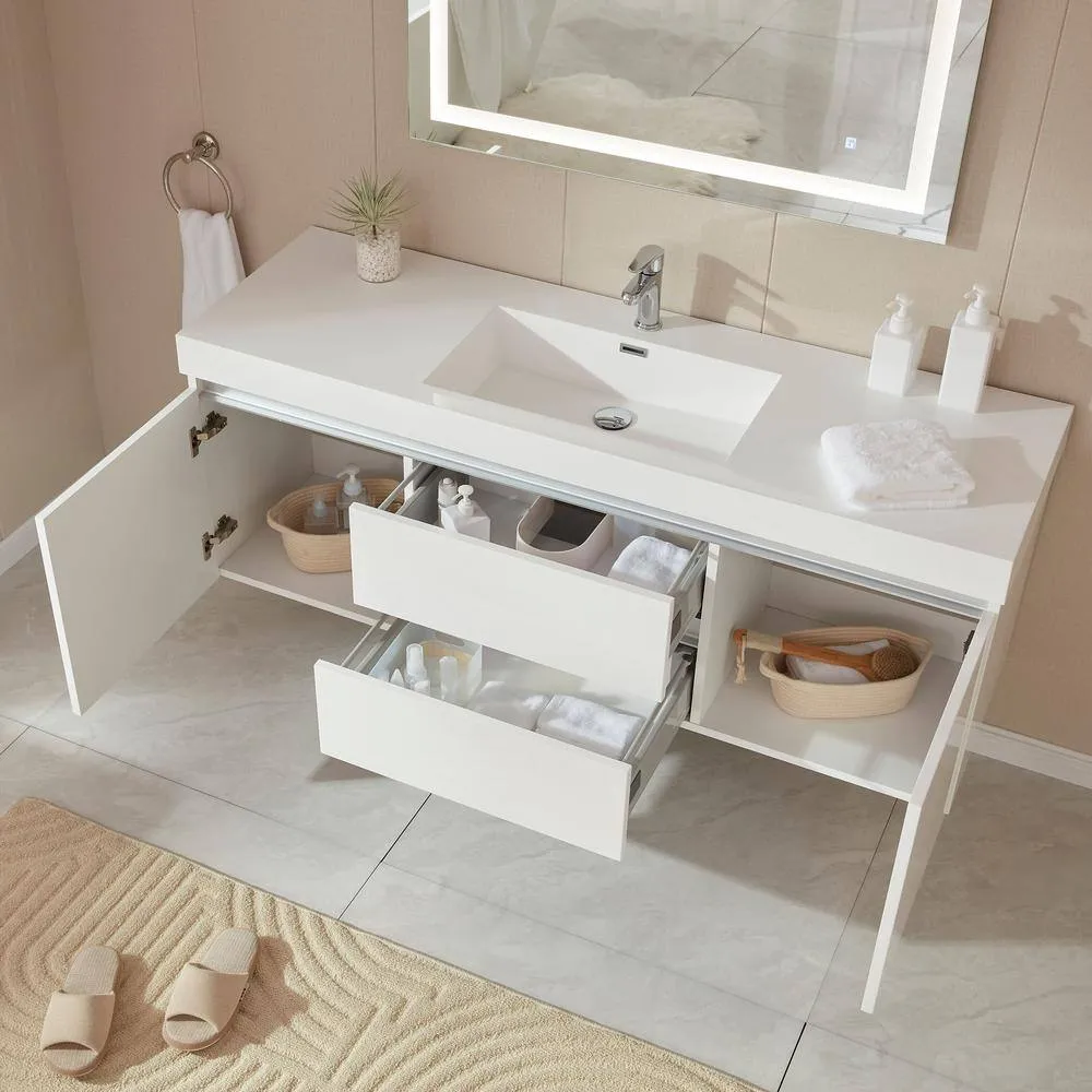 Vanity Art Annecy 60 in. W x 18.5 in. D x 20 in. H Bathroom Wall Hung LED Vanity in White w/ Single Basin Vanity Top in White Resin, photo 8 of 13