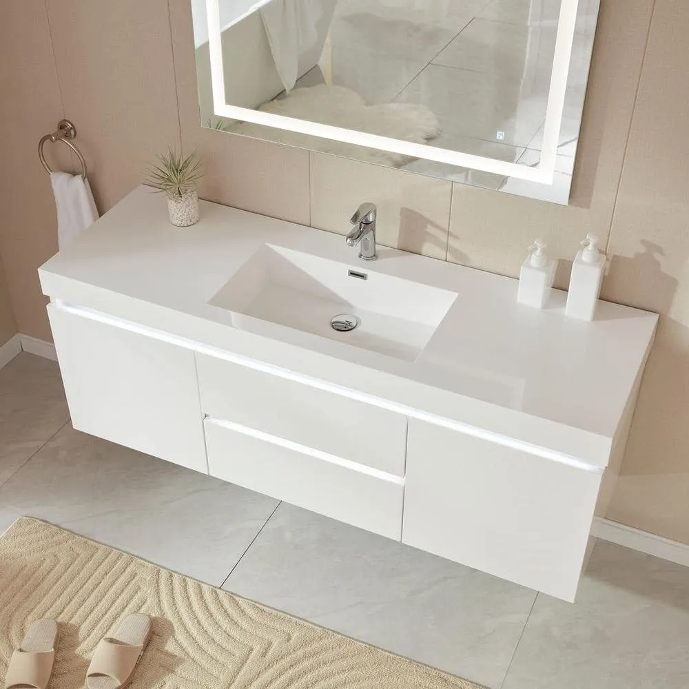 Vanity Art Annecy 60 in. W x 18.5 in. D x 20 in. H Bathroom Wall Hung LED Vanity in White w/ Single Basin Vanity Top in White Resin, photo 6 of 13