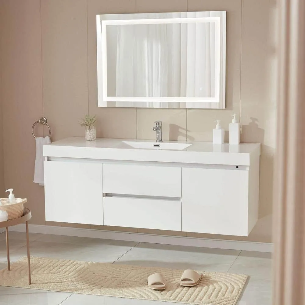Vanity Art Annecy 60 in. W x 18.5 in. D x 20 in. H Bathroom Wall Hung LED Vanity in White w/ Single Basin Vanity Top in White Resin, photo 4 of 13