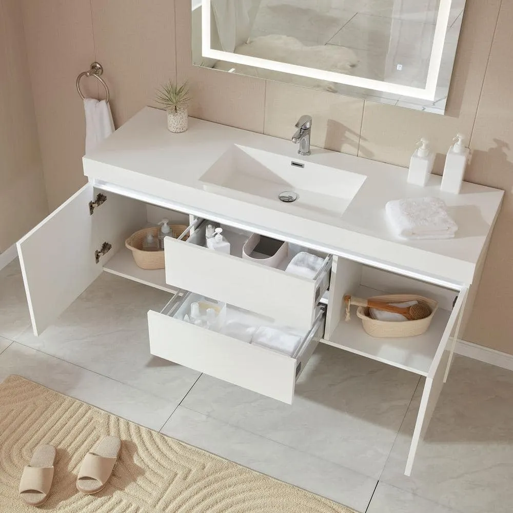 Vanity Art Annecy 60 in. W x 18.5 in. D x 20 in. H Bathroom Wall Hung LED Vanity in White w/ Single Basin Vanity Top in White Resin, photo 7 of 13