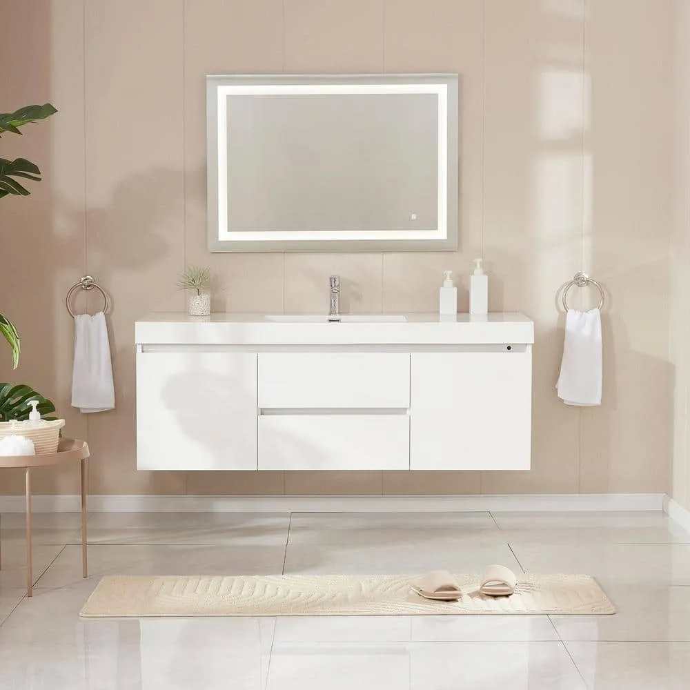 Vanity Art Annecy 60 in. W x 18.5 in. D x 20 in. H Bathroom Wall Hung LED Vanity in White w/ Single Basin Vanity Top in White Resin, photo 2 of 13