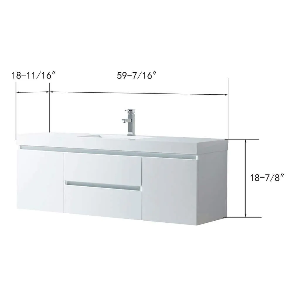 Vanity Art Annecy 60 in. W x 18.5 in. D x 20 in. H Bathroom Wall Hung LED Vanity in White w/ Single Basin Vanity Top in White Resin, photo 11 of 13