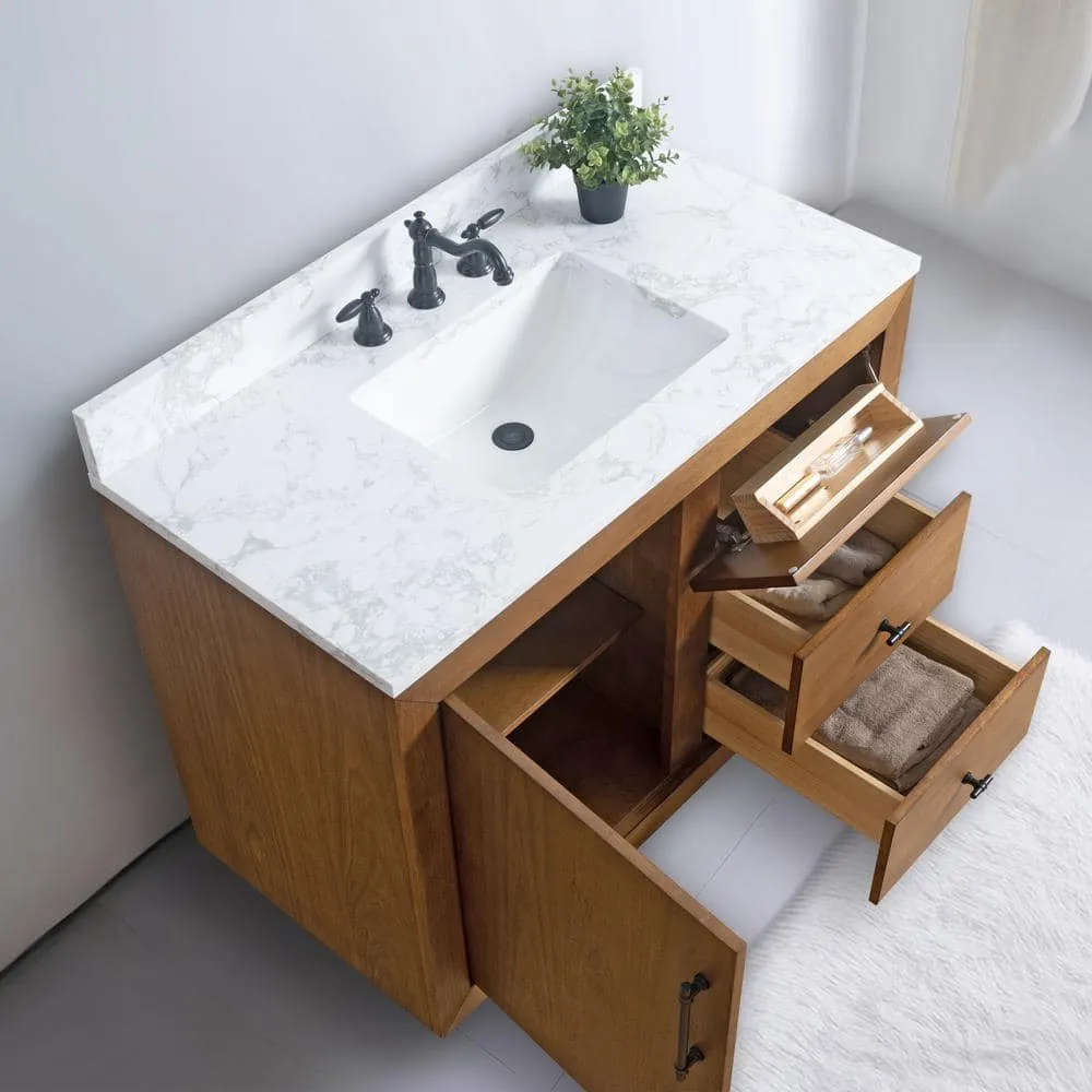 Vanity Art 42 in. W x 21.5 in. D x 34 in. H Single Sink Bathroom Vanity in Tan with Arabescato White Engineered Marble Top, photo 5 of 11