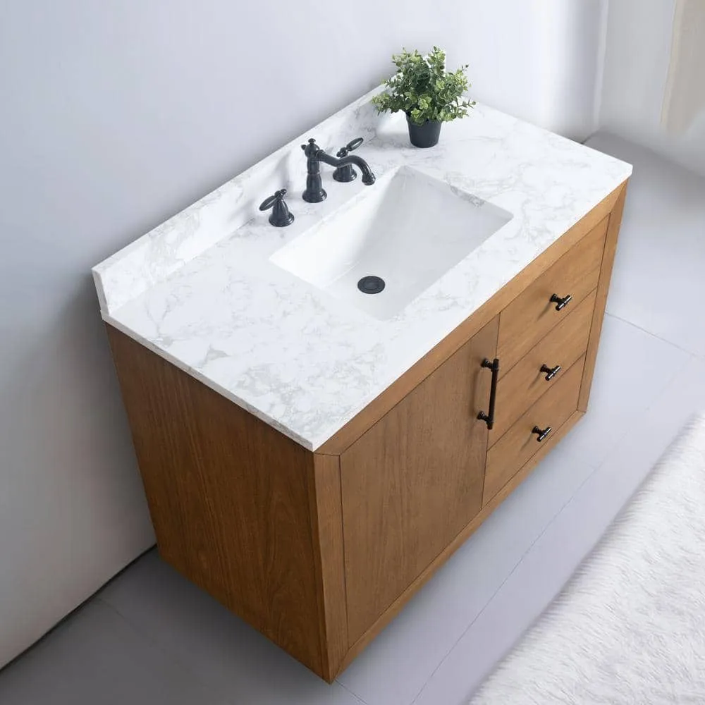 Vanity Art 42 in. W x 21.5 in. D x 34 in. H Single Sink Bathroom Vanity in Tan with Arabescato White Engineered Marble Top, photo 4 of 11