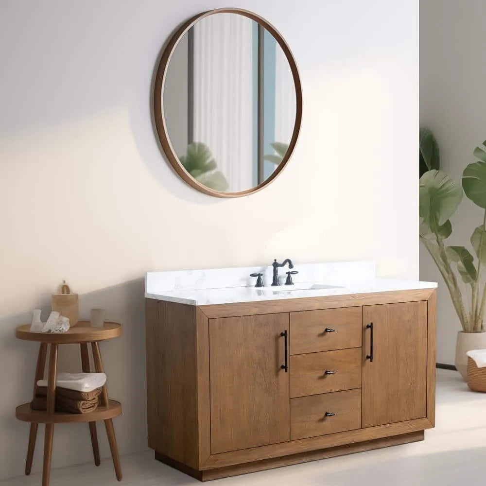 Vanity Art 60 in. W x 21.5 in. D x 34 in. H Single Sink Bathroom Vanity in Tan with Arabescato White Engineered Marble Top, photo 2 of 3