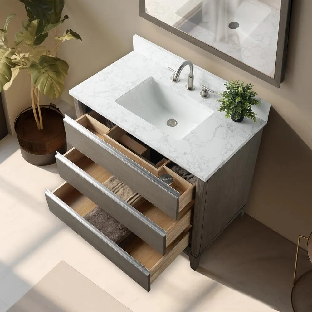 Vanity Art 36 in. W x 22 in. D x 34 in. H Single Sink Bathroom Vanity in Driftwood Gray with Engineered Marble Top, photo 6 of 10