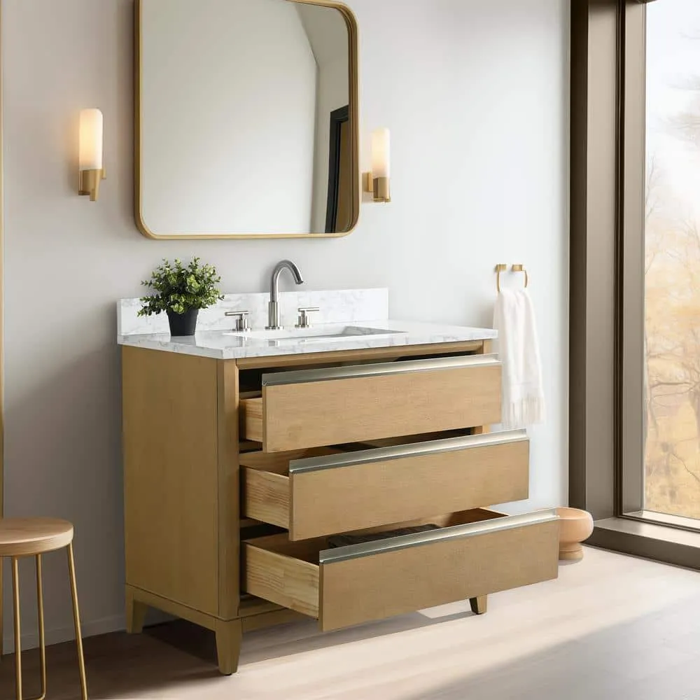 Vanity Art 36 in. W x 22 in. D x 34 in. H Single Sink Bathroom Vanity in Natural Oak with Engineered Marble Top, photo 3 of 11