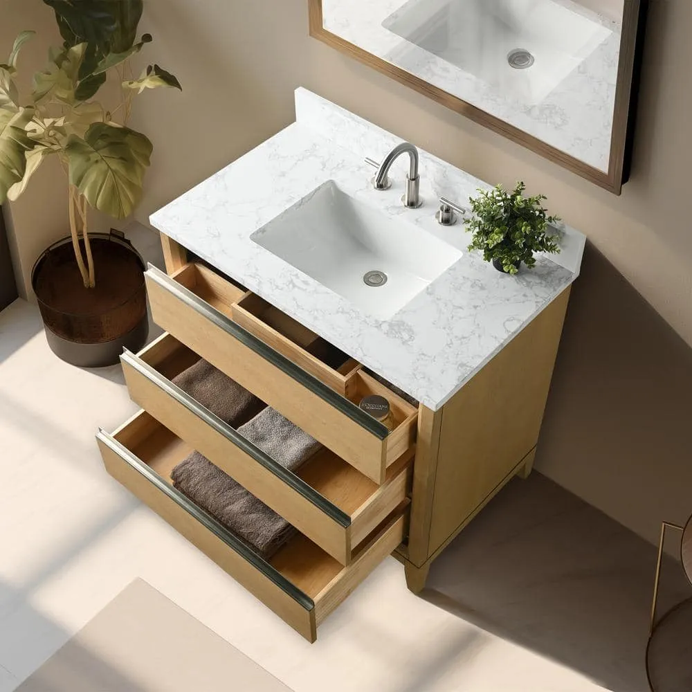 Vanity Art 36 in. W x 22 in. D x 34 in. H Single Sink Bathroom Vanity in Natural Oak with Engineered Marble Top, photo 7 of 11