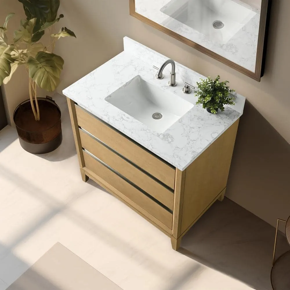 Vanity Art 36 in. W x 22 in. D x 34 in. H Single Sink Bathroom Vanity in Natural Oak with Engineered Marble Top, photo 4 of 11