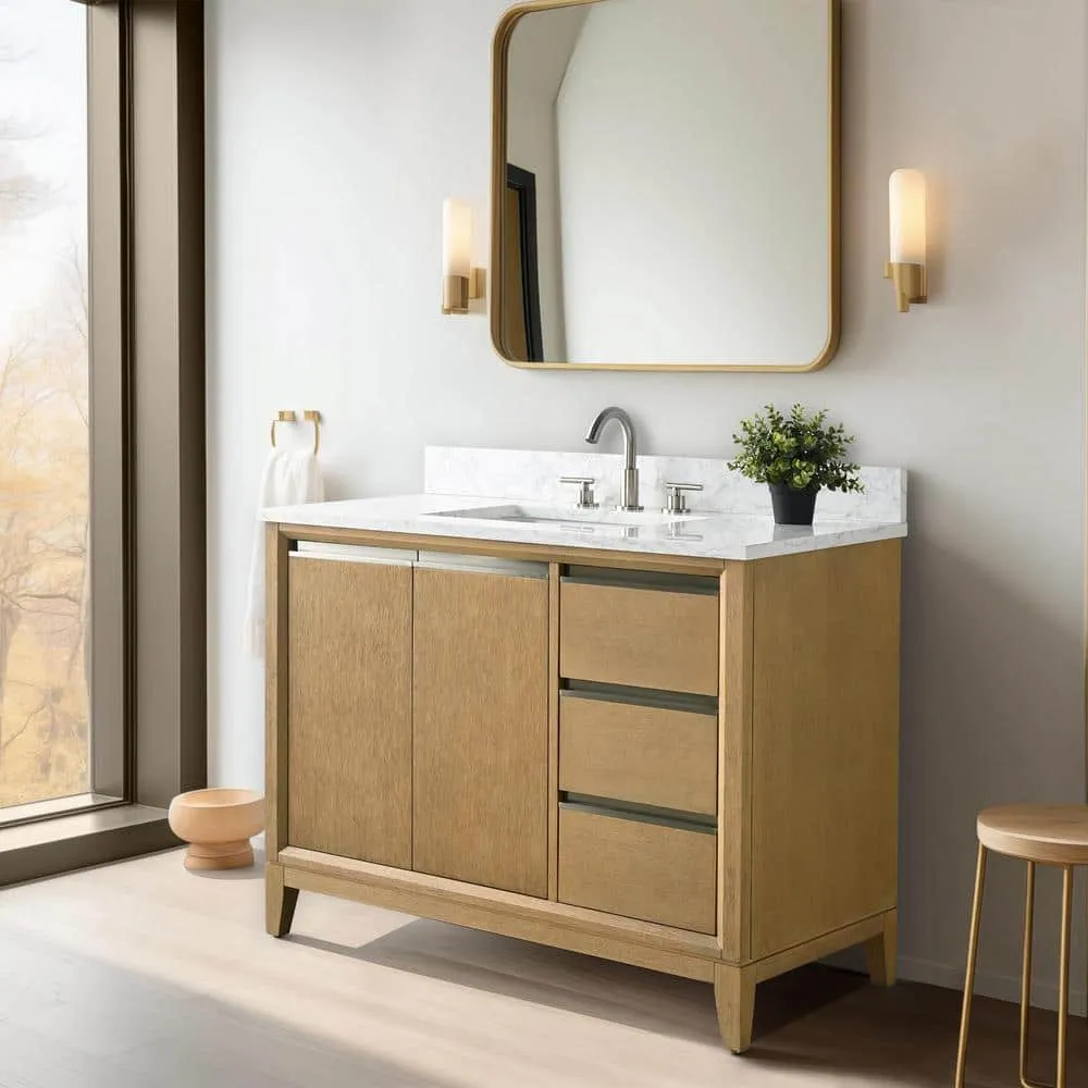 Vanity Art 42 in. W x 22 in. D x 34 in. H Single Sink Bathroom Vanity in Natural Oak with Engineered Marble Top, photo 3 of 11