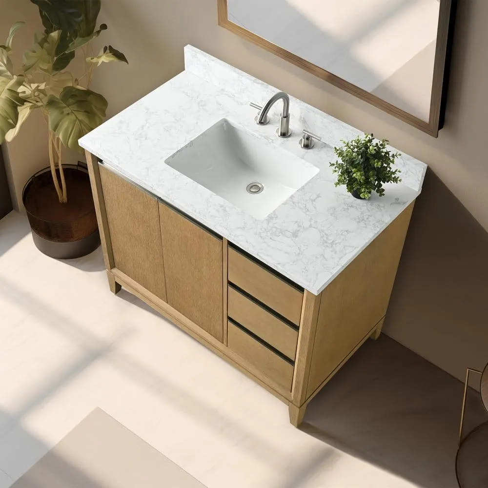 Vanity Art 42 in. W x 22 in. D x 34 in. H Single Sink Bathroom Vanity in Natural Oak with Engineered Marble Top, photo 4 of 11