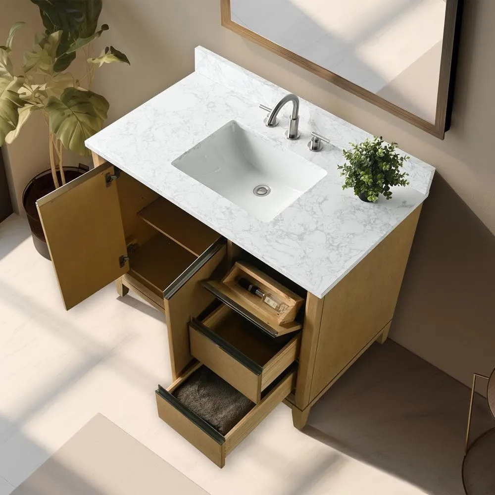 Vanity Art 42 in. W x 22 in. D x 34 in. H Single Sink Bathroom Vanity in Natural Oak with Engineered Marble Top, photo 2 of 11