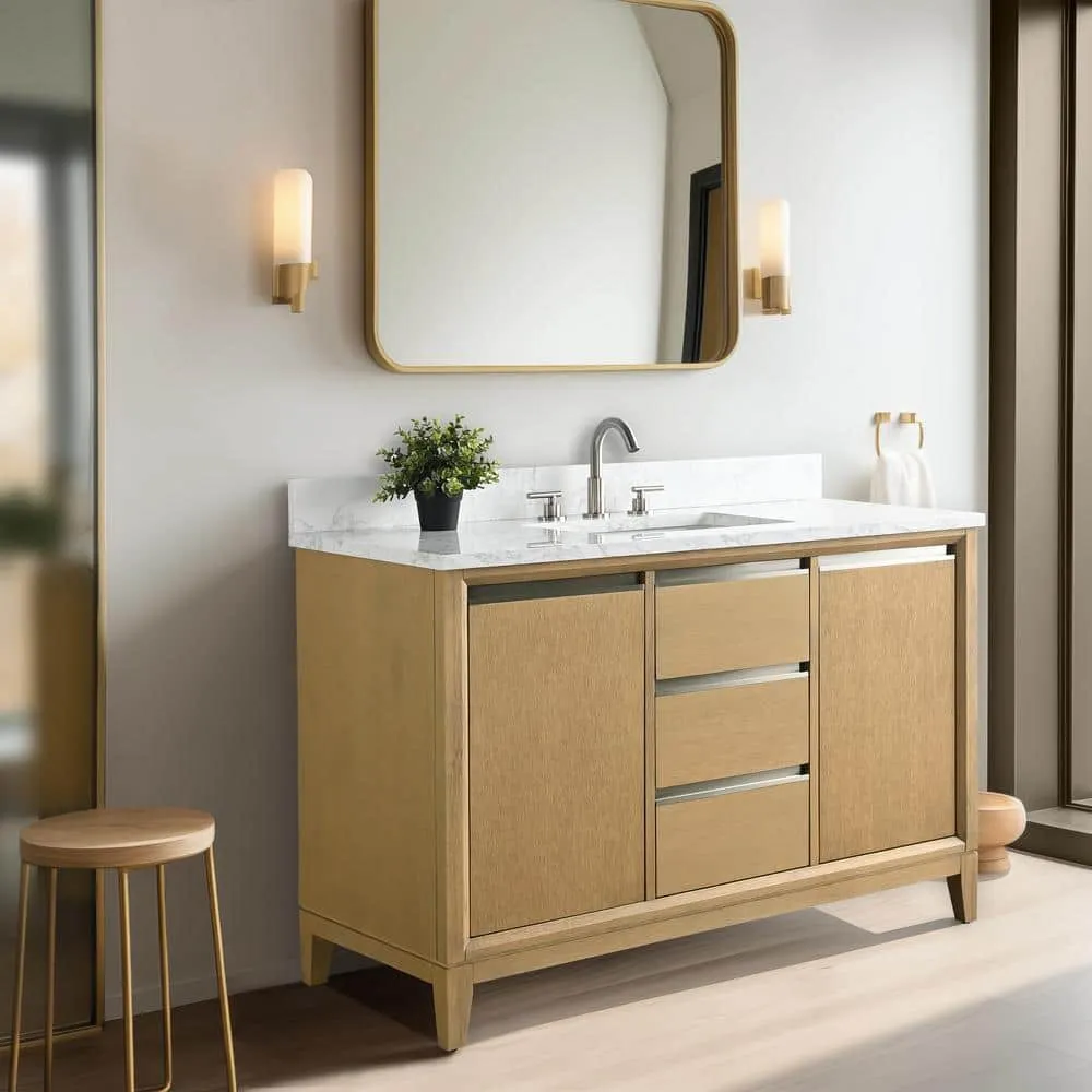 Vanity Art 48 in. W x 22 in. D x 34 in. H Single Sink Bathroom Vanity in Natural Oak with Engineered Marble Top, photo 3 of 11