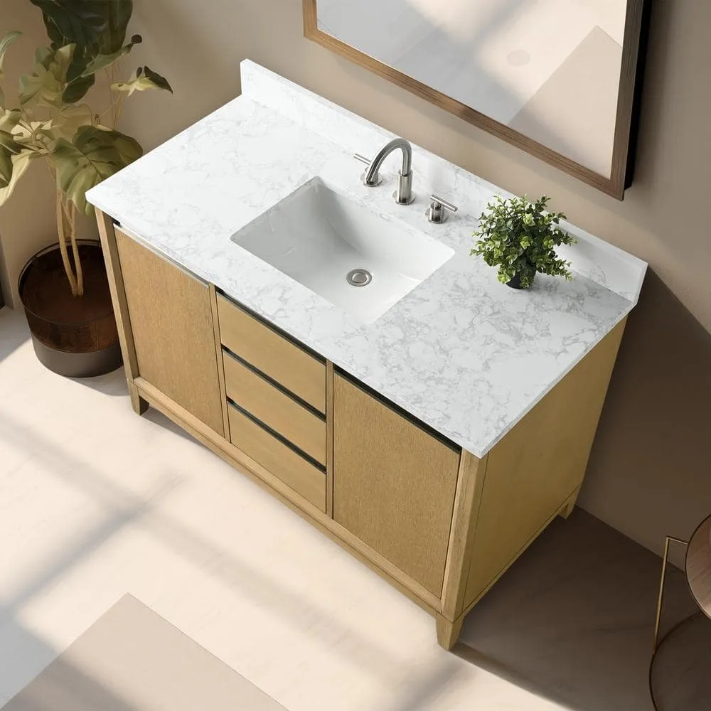 Vanity Art 48 in. W x 22 in. D x 34 in. H Single Sink Bathroom Vanity in Natural Oak with Engineered Marble Top, photo 4 of 11