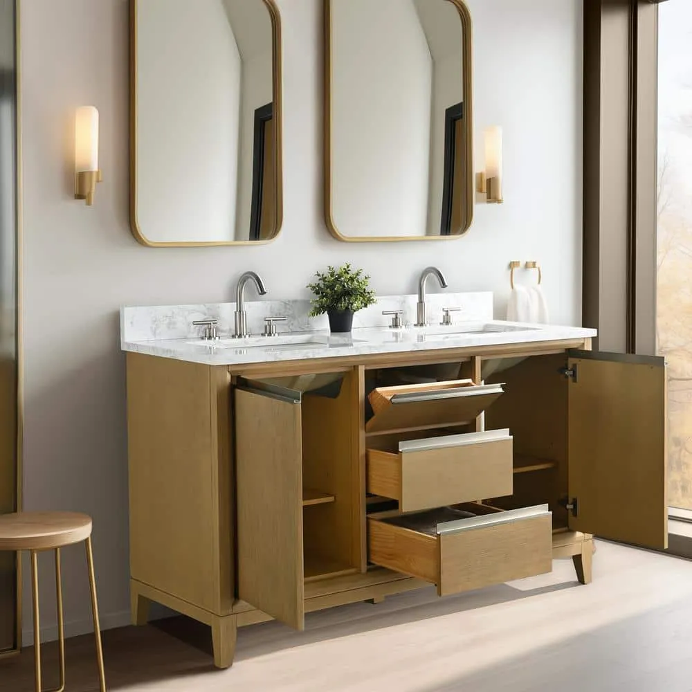 Vanity Art 54 in. W x 22 in. D x 34 in. H Double Sink Bathroom Vanity in Natural Oak with Engineered Marble Top, photo 3 of 12