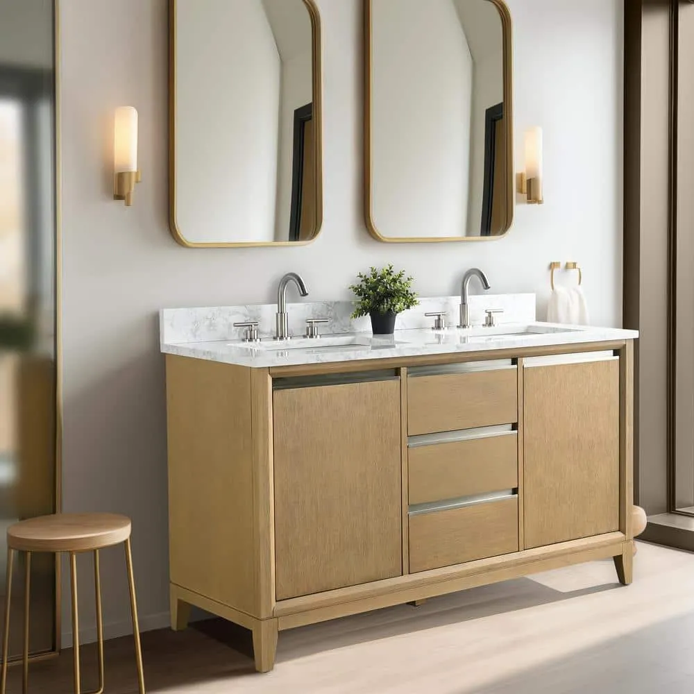 Vanity Art 54 in. W x 22 in. D x 34 in. H Double Sink Bathroom Vanity in Natural Oak with Engineered Marble Top, photo 2 of 12