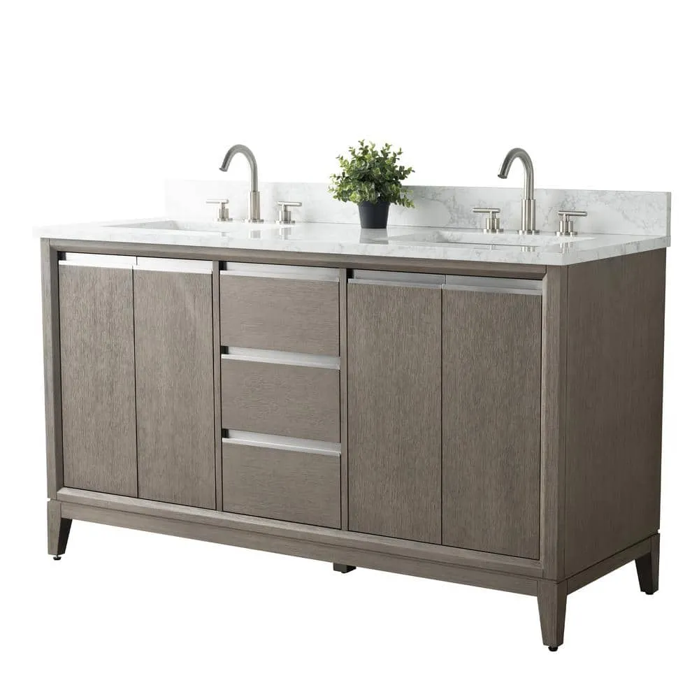 Vanity Art 60 in. W x 22 in. D x 34 in. H Double Sink Bathroom Vanity in Driftwood Gray with Engineered Marble Top, photo 3 of 11