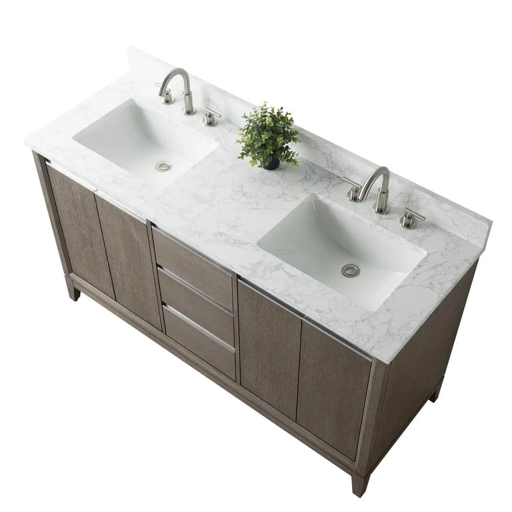 Vanity Art 60 in. W x 22 in. D x 34 in. H Double Sink Bathroom Vanity in Driftwood Gray with Engineered Marble Top, photo 4 of 11