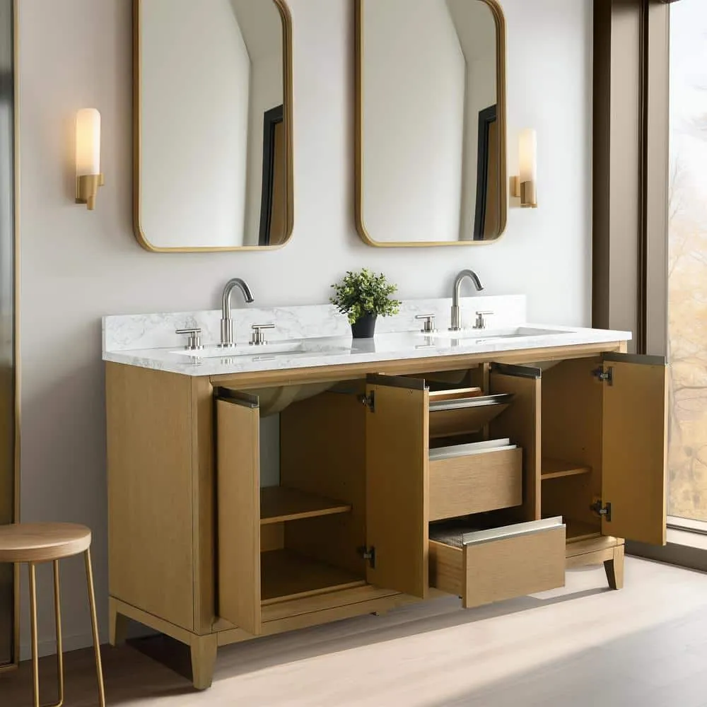 Vanity Art 60 in. W x 22 in. D x 34 in. H Double Sink Bathroom Vanity in Natural Oak with Engineered Marble Top, photo 3 of 12