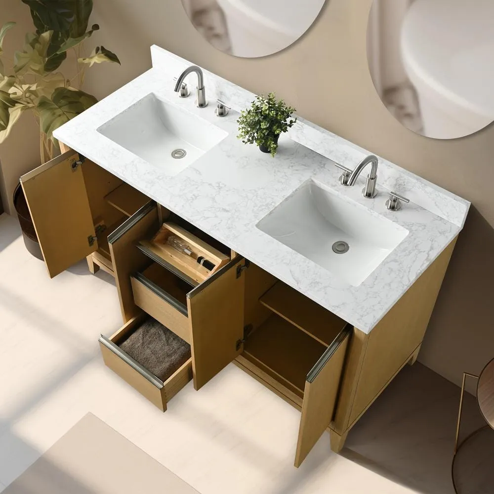 Vanity Art 60 in. W x 22 in. D x 34 in. H Double Sink Bathroom Vanity in Natural Oak with Engineered Marble Top, photo 7 of 12