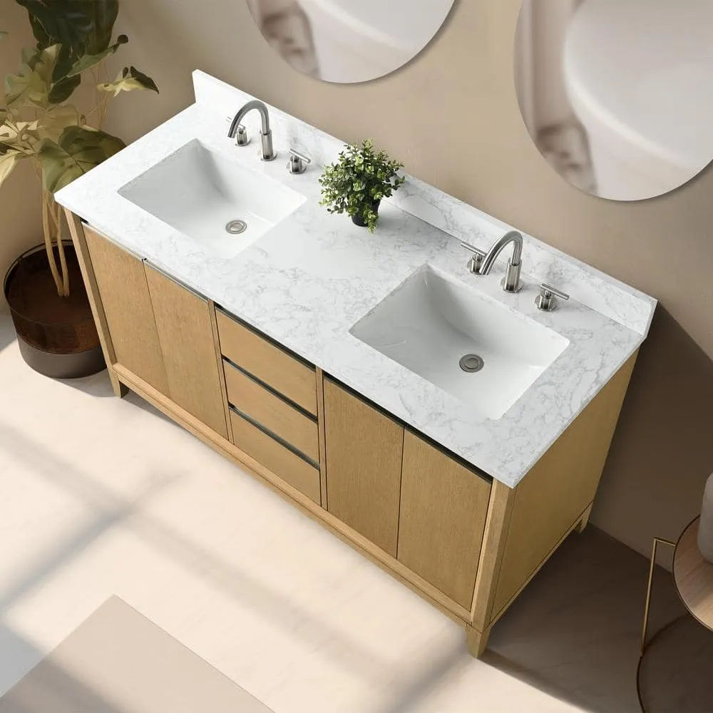 Vanity Art 60 in. W x 22 in. D x 34 in. H Double Sink Bathroom Vanity in Natural Oak with Engineered Marble Top, photo 4 of 12