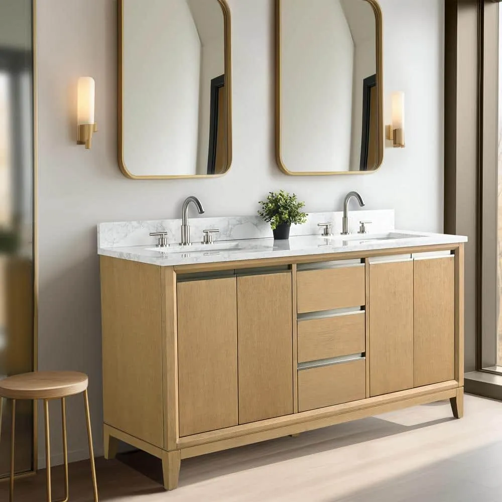 Vanity Art 60 in. W x 22 in. D x 34 in. H Double Sink Bathroom Vanity in Natural Oak with Engineered Marble Top, photo 2 of 12
