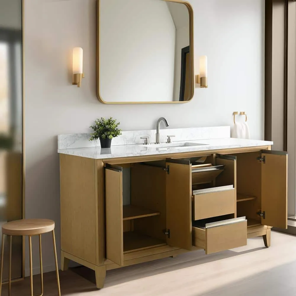 Vanity Art 60 in. W x 22 in. D x 34 in. H Single Sink Bathroom Vanity in Natural Oak with Engineered Marble Top, photo 3 of 11
