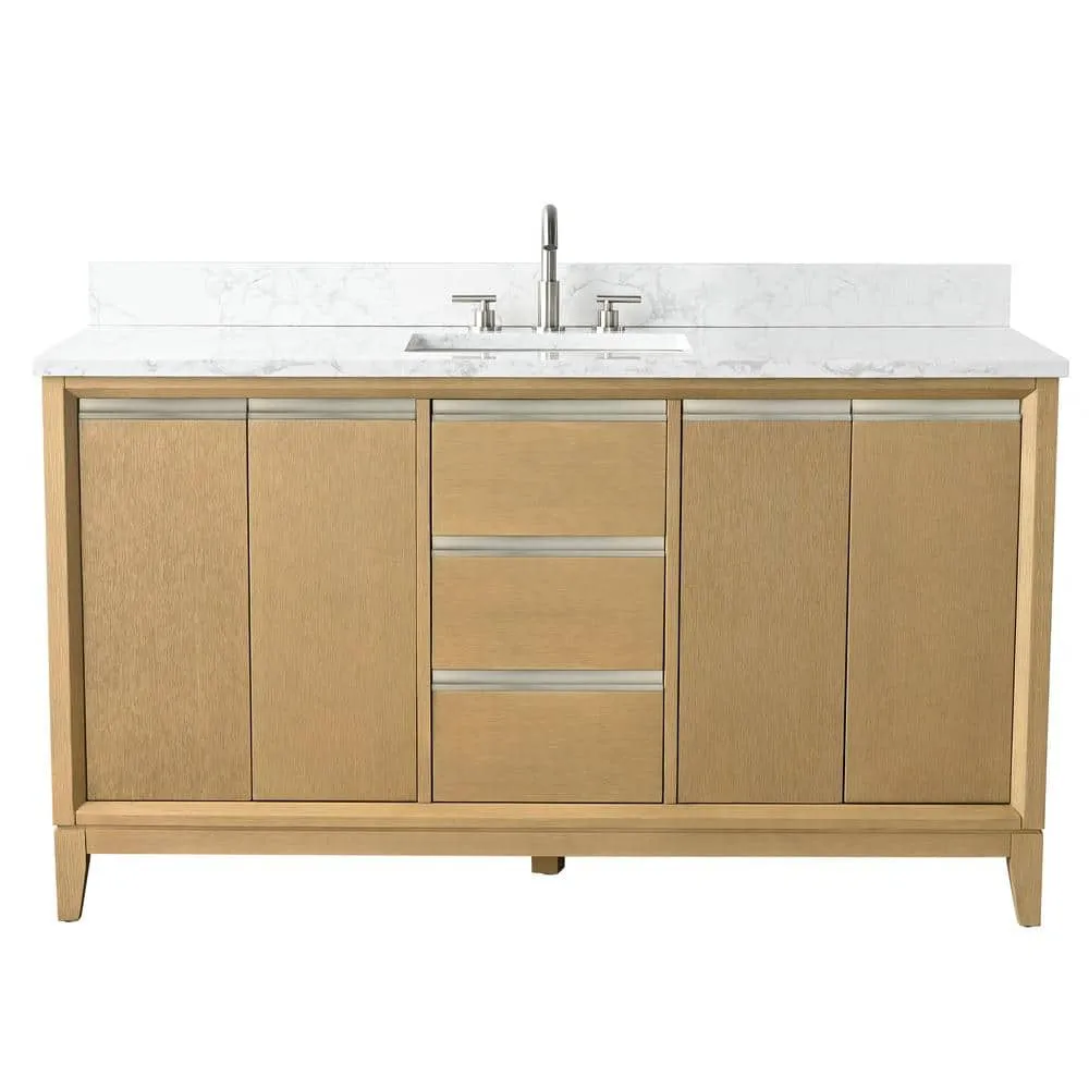 Vanity Art 60 in. W x 22 in. D x 34 in. H Single Sink Bathroom Vanity in Natural Oak with Engineered Marble Top, photo 6 of 11