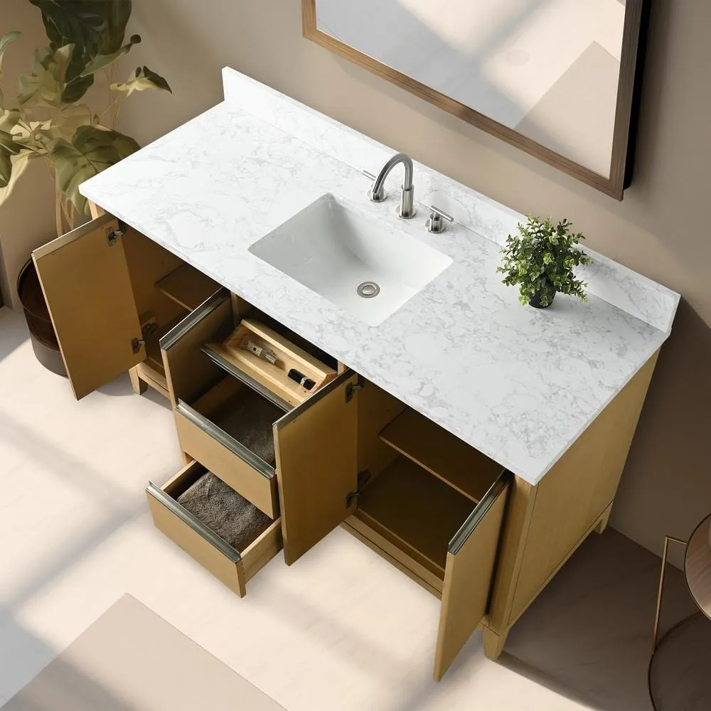 Vanity Art 60 in. W x 22 in. D x 34 in. H Single Sink Bathroom Vanity in Natural Oak with Engineered Marble Top, photo 7 of 11