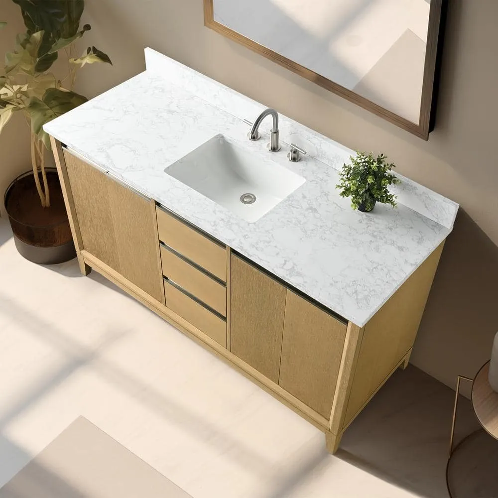 Vanity Art 60 in. W x 22 in. D x 34 in. H Single Sink Bathroom Vanity in Natural Oak with Engineered Marble Top, photo 4 of 11