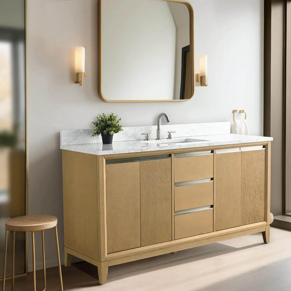 Vanity Art 60 in. W x 22 in. D x 34 in. H Single Sink Bathroom Vanity in Natural Oak with Engineered Marble Top, photo 2 of 11