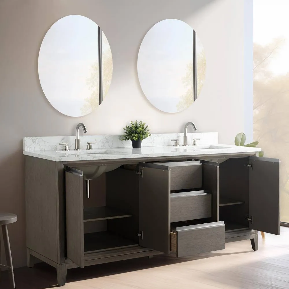 Vanity Art 72 in. W x 22 in. D x 34 in. H Double Sink Bathroom Vanity in Driftwood Gray with Engineered Marble Top, photo 3 of 12