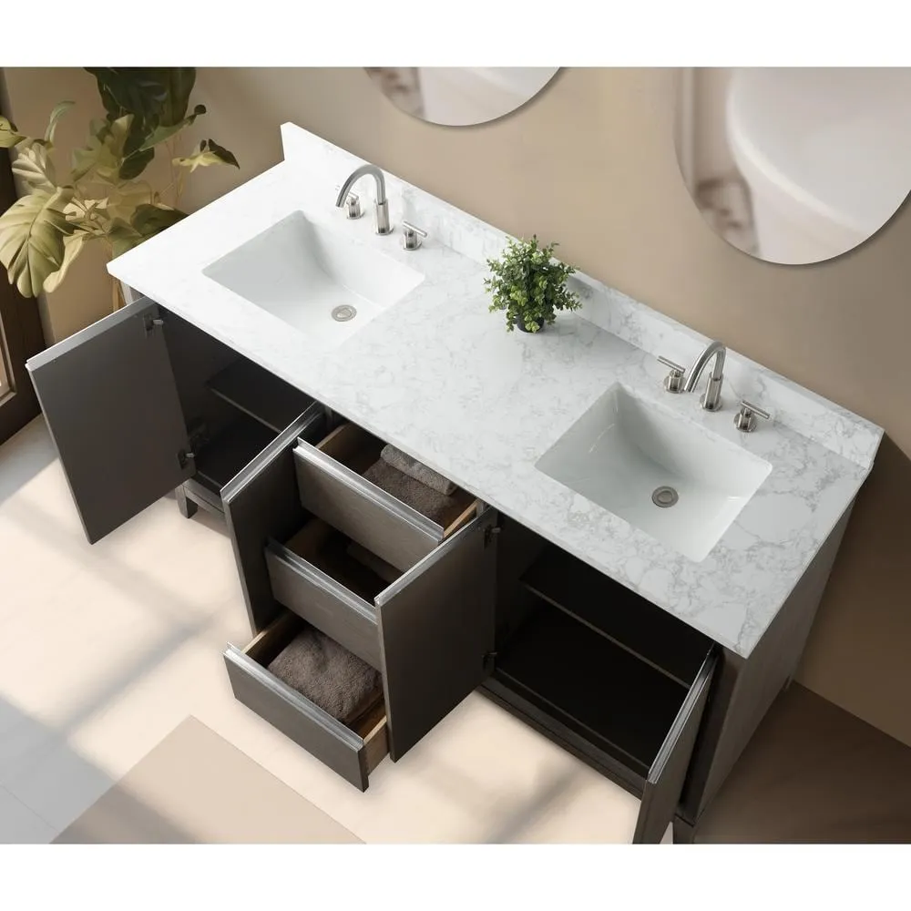 Vanity Art 72 in. W x 22 in. D x 34 in. H Double Sink Bathroom Vanity in Driftwood Gray with Engineered Marble Top, photo 7 of 12
