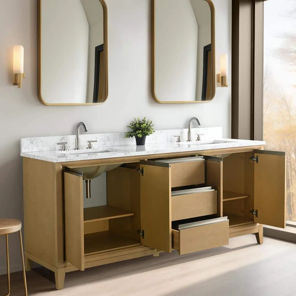 Vanity Art 72 in. W x 22 in. D x 34 in. H Double Sink Bathroom Vanity in Natural Oak with Engineered Marble Top, photo 3 of 12