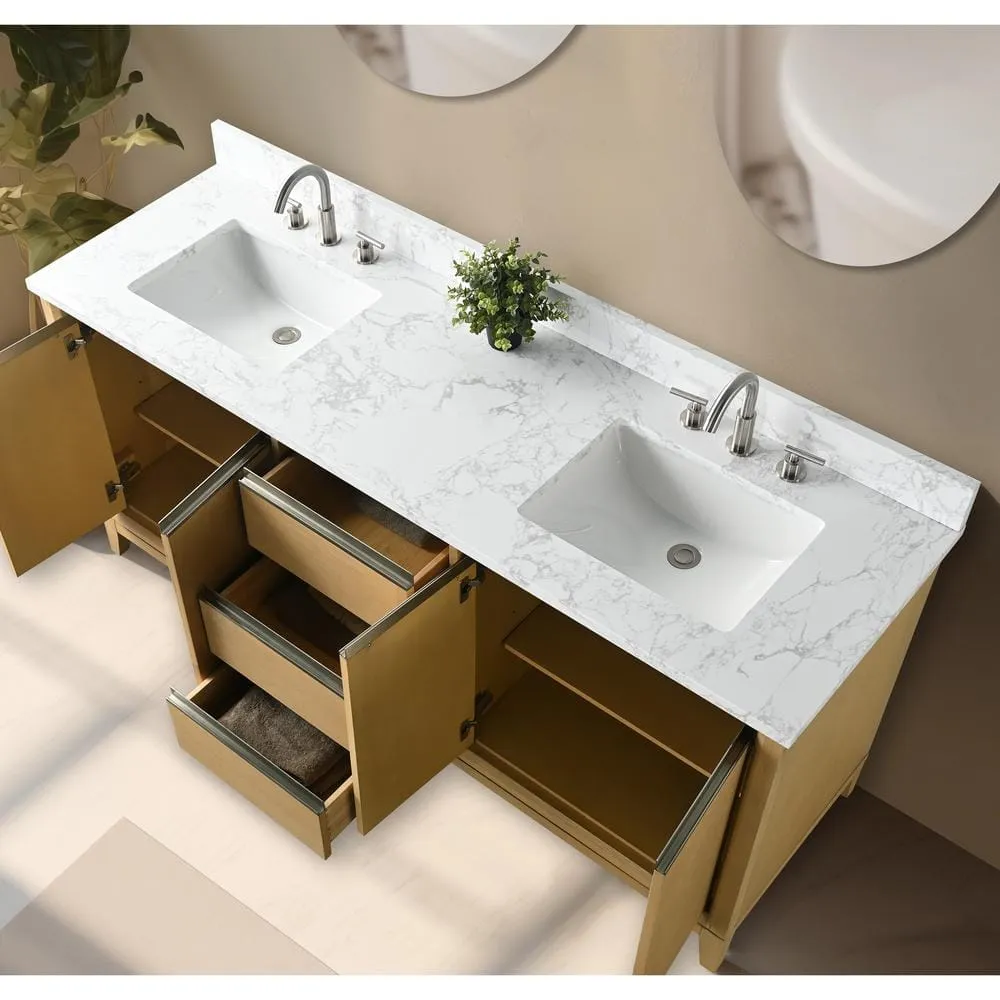 Vanity Art 72 in. W x 22 in. D x 34 in. H Double Sink Bathroom Vanity in Natural Oak with Engineered Marble Top, photo 7 of 12
