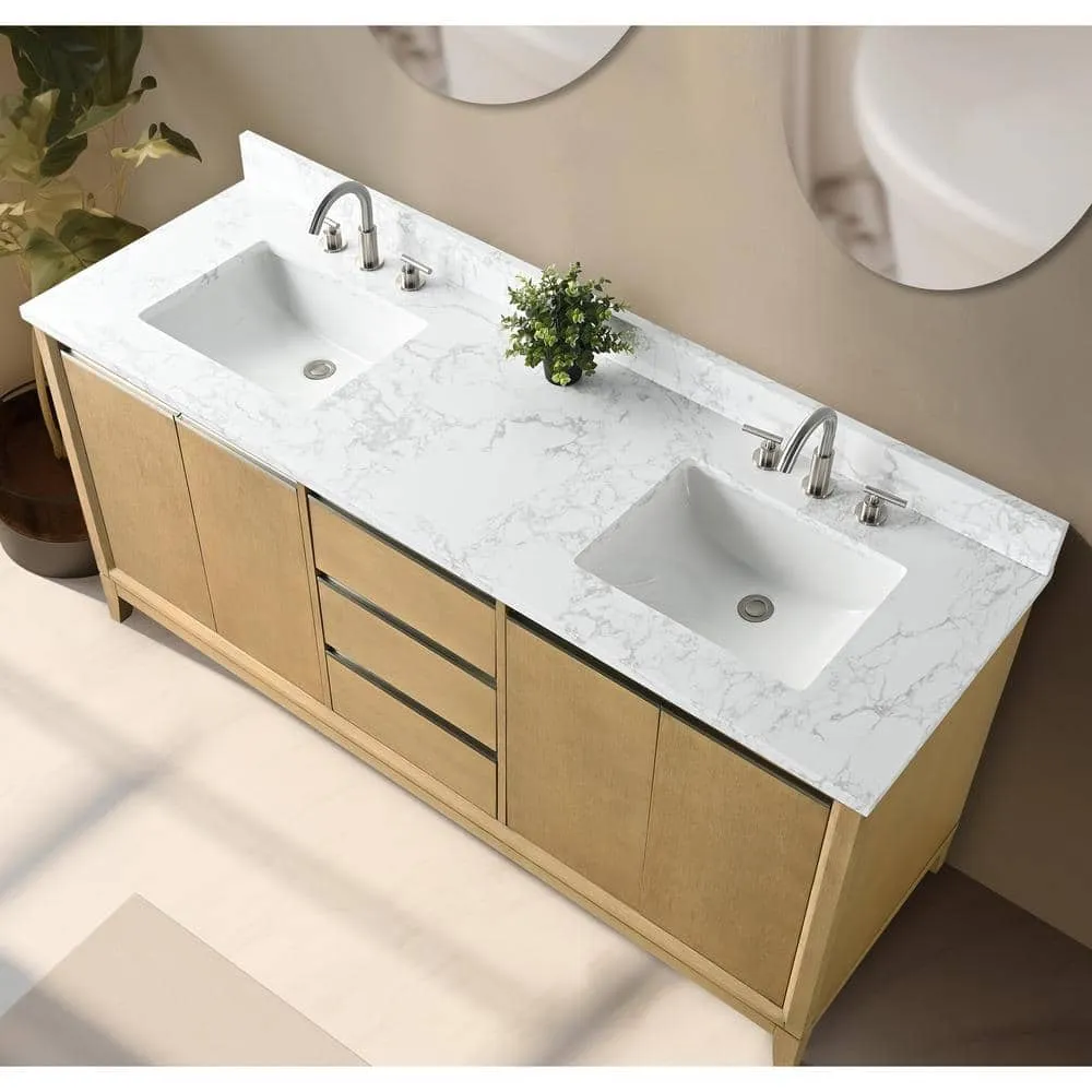 Vanity Art 72 in. W x 22 in. D x 34 in. H Double Sink Bathroom Vanity in Natural Oak with Engineered Marble Top, photo 4 of 12
